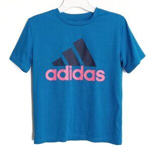 Adidas short sleeve t shirt boys size 8 small blue black pink like new